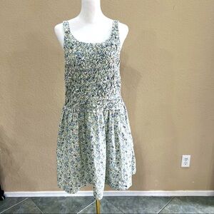 Free People Petunia Blue Floral Color Smocked Sleeveless Apron Dress Sz L Boho